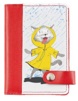 Обложка на автодокументы на кнопке комбинированная, 10,5*14*0,8 см, «Кошка в дождевике», красная белая вставка