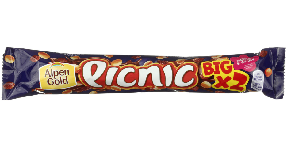 Батончик шоколадный Picnic 76 г, Big, с арахисом и изюмом