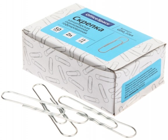 Скрепки проволочные OfficeSpace 50 мм, 50 шт., округлые, гофрированные, оцинкованные Скрепки проволочные OfficeSpace 50 мм, 50 шт., округлые, гофрированные, оцинкованные