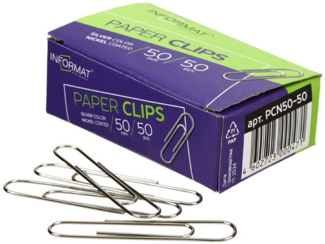 Скрепки проволочные inФормат 50 мм, 50 шт., округлые, никелированные