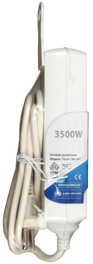 Удлинитель «Космос» 10А (без заземления, без выключателя), 3 розетки, 1,5 м, белый Удлинитель «Космос» 10А (без заземления, без выключателя), 3 розетки, 1,5 м, белый