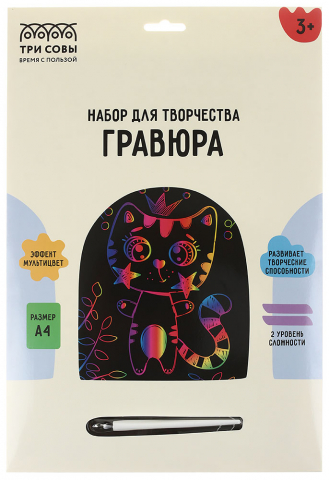 Набор для творчества «Гравюра. Три совы» А4, «Котик», с эффектом мультицвета