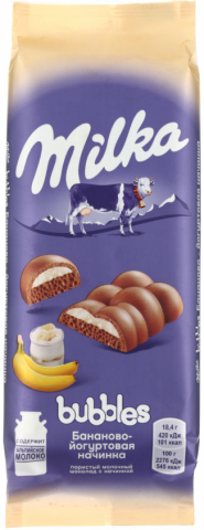 Шоколад Milka, 92 г, Milka Bubbles, молочный пористый с бананово-йогуртовой начинкой