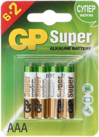 Батарейки щелочные GP Super AAA, LR03, 1.5V, 8 шт.