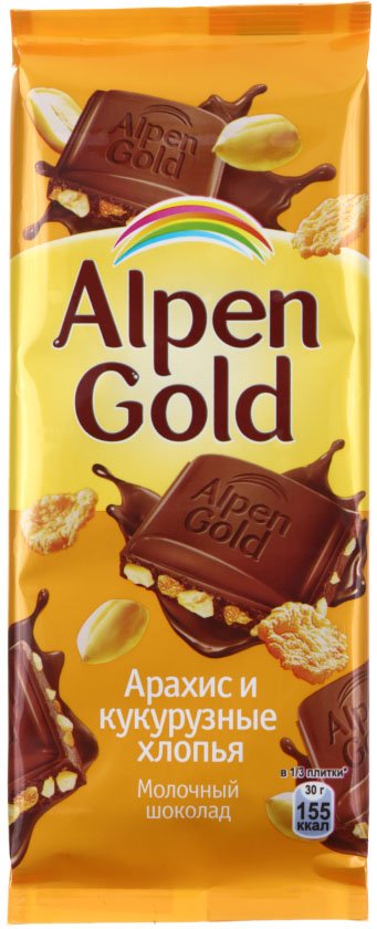 Шоколад Alpen Gold, 90 г, «Арахис и кукурузные хлопья», молочный шоколад