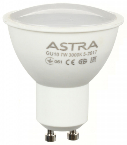 Лампа светодиодная Astra MR16/GU10, 7W, 176-260V, цоколь GU10, 3000К, 510 лм, теплый свет