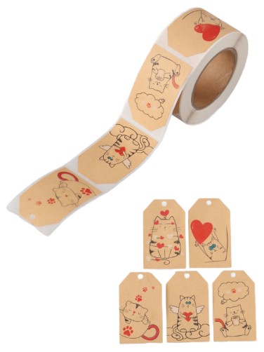 Наклейки бумажные в рулоне Sima-Land, 3*5 см, 200 шт., «Бирки. Котики» (крафт-бумага)