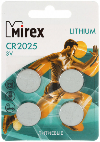 Батарейка литиевая дисковая Mirex Lithium, CR2025, 3V, 4 шт.