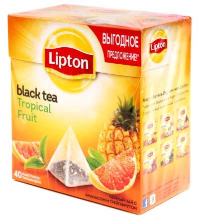 Чай Lipton ароматизированный пакетированный, 72 г, 40 пирамидок, Tropical Fruit, черный чай с кусочками фруктов