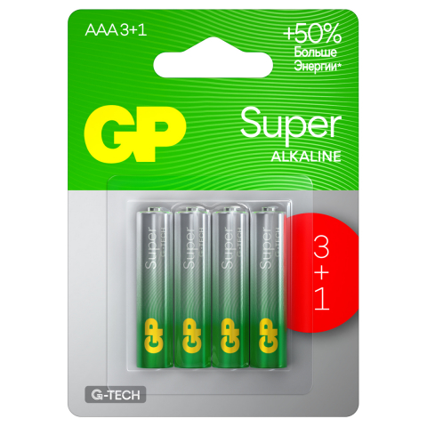 Батарейки щелочные GP Super G-Tech AAA, LR03, 1.5V, 4 шт.