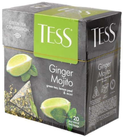 Чай Tess, 36 г, 20 пакетиков-пирамидок, Ginger Mojito, чай зеленый с цедрой лимона и мятой