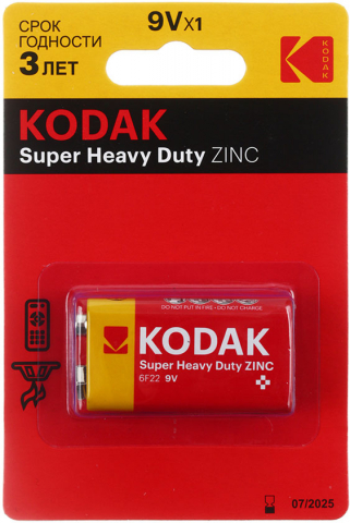 Батарейка солевая Kodak Super Heavy Duty Zinc, 6F22, 9V, тип «Крона» Батарейка солевая Kodak Super Heavy Duty Zinc, 6F22, 9V, тип «Крона»
