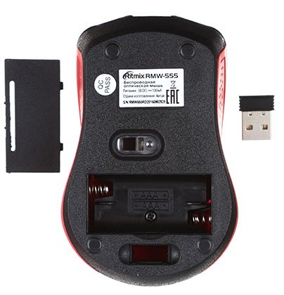 Мышь компьютерная Ritmix RMW-555, беспроводная, черная с красным