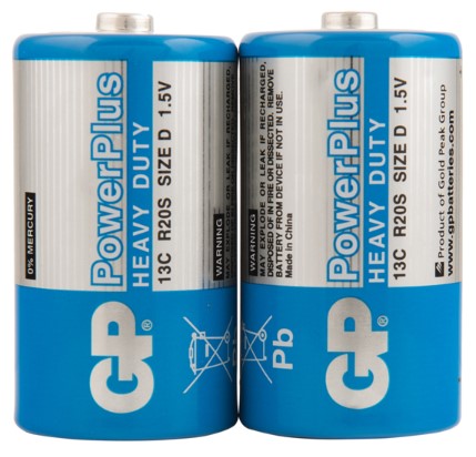 Батарейки солевые GP PowerPlus D, R20, 1.5V, 2 шт.