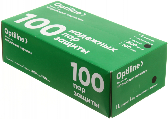 Перчатки нитриловые одноразовые Optiline размер L, 100 пар (200 шт.), черные