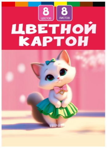 Картон цветной односторонний А4 «Милая кошка - 1», 8 цветов, 8 л.
