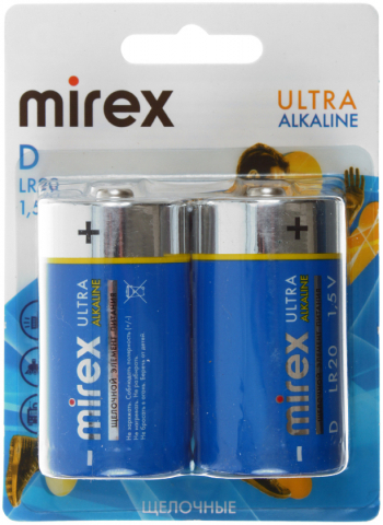 Батарейки щелочные Mirex Ultra Alkaline, D, LR20, 1.5V, 2 шт. в блистере Батарейки щелочные Mirex Ultra Alkaline, D, LR20, 1.5V, 2 шт. в блистере