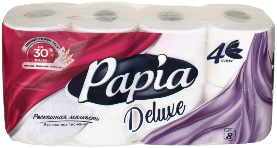 Бумага туалетная Papia Deluxe 8 рулонов, ширина 95 мм, белая