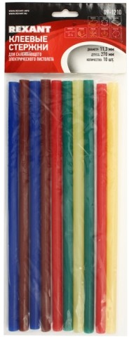 Клеевые стержни Rexant, 10 шт., диаметр 11,3 мм, длина 270 мм, цветные