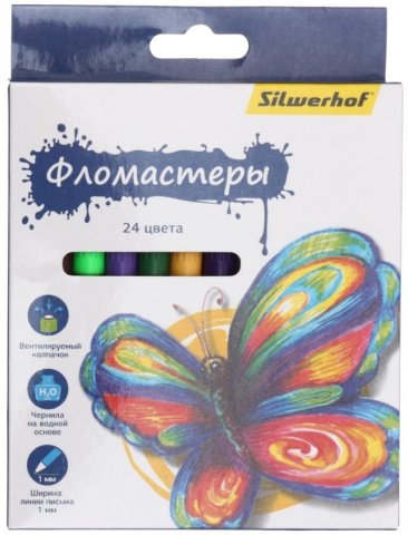 Фломастеры «Бабочки» в картонной упаковке, 24 цветов, толщина линии 1-2 мм, вентилируемый колпачок