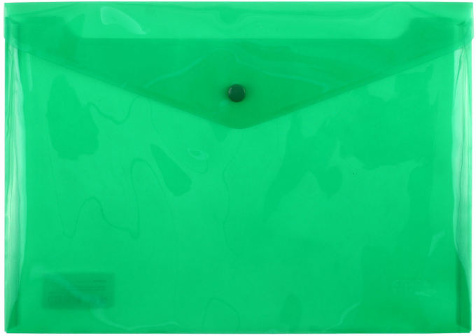 Папка-конверт пластиковая на кнопке «Стамм» А4+ толщина пластика 0,18 мм, прозрачная зеленая