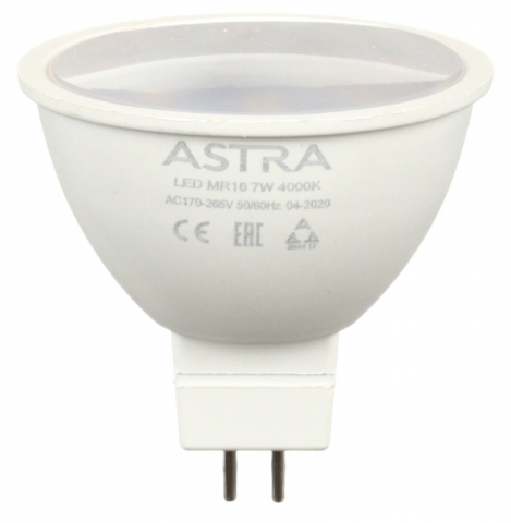 Лампа светодиодная Astra MR16/GU10 7W, 220-240V, цоколь GU5.3 (MR16), 4000К, 520 лм, холодный свет Лампа светодиодная Astra MR16/GU10 7W, 220-240V, цоколь GU5.3 (MR16), 4000К, 520 лм, холодный свет