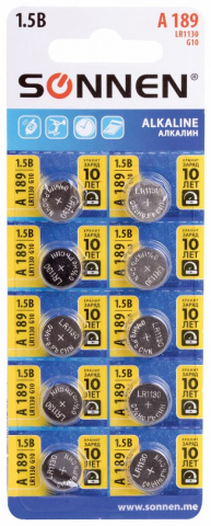 Батарейки щелочные дисковые Sonnen Alkaline A189, G10, LR1130, 1.5V, 10 шт.