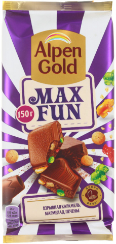 Шоколад Alpen Gold Max Fun, 150 г, с карамелью, мармеладом и печеньем