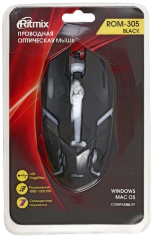 Мышь компьютерная Ritmix ROM-305, USB, проводная, черная