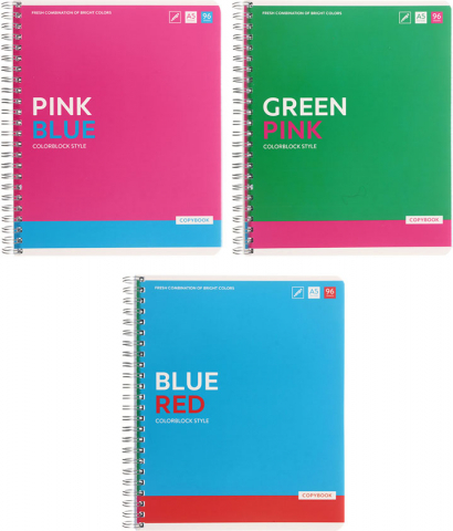 Тетрадь общая А5, 96 л. на гребне «Моноколор. Colorblock», 165*203 мм, клетка, ассорти