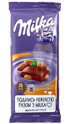 Шоколад Milka, 90 г, молочный шоколад с цельным миндалем