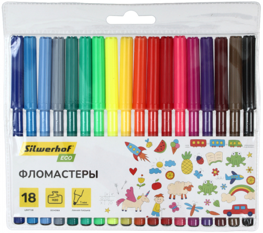 Фломастеры Silwerhof Eco (125 мм) 18 цветов, толщина линии 1 мм, вентилируемый колпачок