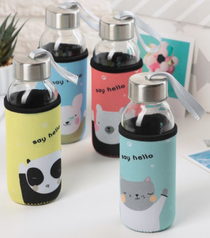 Бутылка стеклянная в чехле Sima-Land, 300 мл, «Милые животные», ассорти