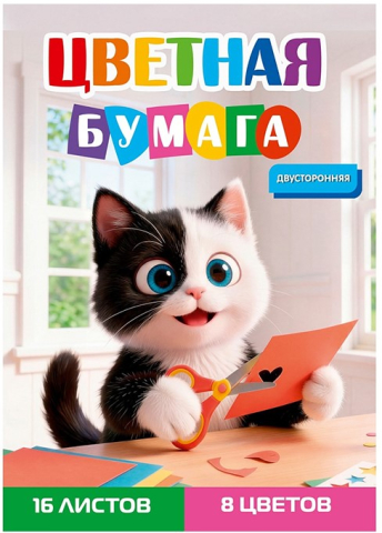 Бумага цветная двусторонняя А4 «Творческий котенок», 8 цветов, 16 л.