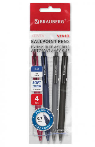 Набор ручек шариковых автоматических Brauberg Vivid, 4 шт., корпус ассорти, стержень синий Набор ручек шариковых автоматических Brauberg Vivid, 4 шт., корпус ассорти, стержень синий