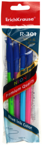 Набор шариковых ручек ErichKrause R-301 Neon, 4 шт., корпус ассорти, стержень синий