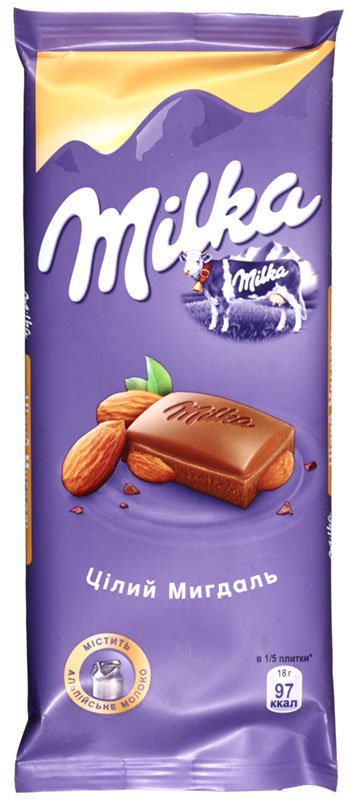 Шоколад Milka, 90 г, молочный шоколад с цельным миндалем