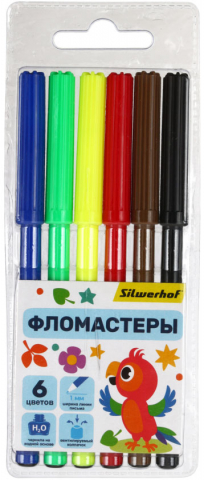 Фломастеры Silwerhof «Веселые друзья» (125 мм), 6 цветов, толщина линии 1 мм, вентилируемый колпачок
