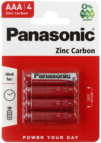 Батарейки солевые Panasonic Zinc Carbon, AAA, R03, 1.5V, 4 шт. Батарейки солевые Panasonic Zinc Carbon, AAA, R03, 1.5V, 4 шт.
