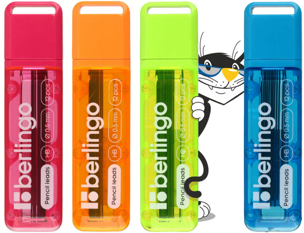 Грифели для автоматических карандашей Berlingo толщина грифеля 0,5 мм, твердость ТМ, 12 шт., корпус ассорти