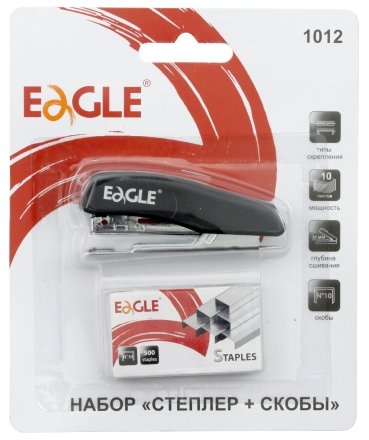 Степлер Eagle 1012 со скобами, скобы №10, 10 л., 70 мм, черный + скобы №10 (500 шт.)