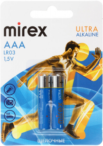 Батарейка щелочная Mirex Ultra Alkaline, AAA, LR03, 1.5V, 2 шт. в блистере
