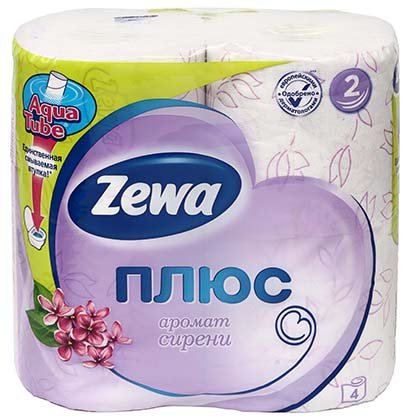 Бумага туалетная Zewa «Плюс», 4 рулона, ширина 90 мм, «Сирень», белая с рисунком