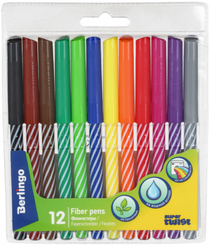 Фломастеры Berlingo SuperTwist смываемые, 12 цветов, толщина линии 1 мм, вентилируемый колпачок