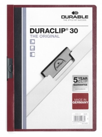 Папка пластиковая с клипом Durable Duraclip, А4, 30 л., толщина пластика 0,4 мм, бордовая