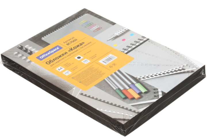 Обложки для переплета картонные OfficeSpace А4, 100 шт., 230 г/м², черные, тиснение «под кожу»
