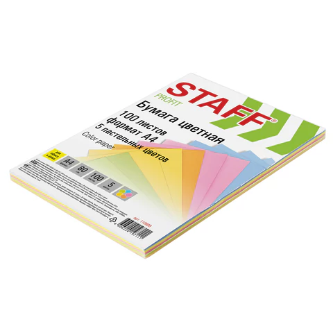 Бумага офисная цветная Staff Profit Pastel А4 (210×297 мм), 80 г/м², 100 л. (5 цветов×20 л.)