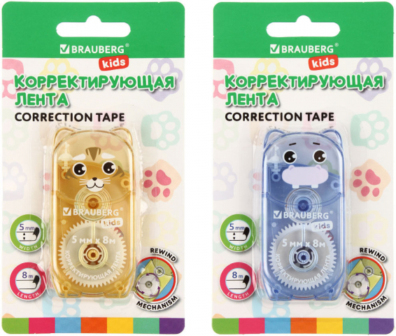 Корректирующий роллер Brauberg Kids 5 мм×8 м, «Зверята», ассорти