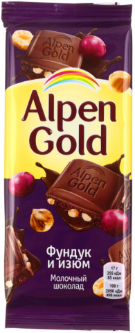 Шоколад Alpen Gold, 85 г, «Фундук и изюм», молочный шоколад