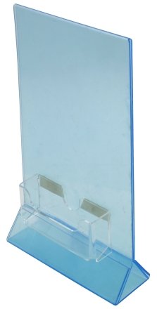 Подставка информационная из оргстекла, 210*150 мм, двусторонняя, прозрачная с пластиковой визитницей (95*45 мм)